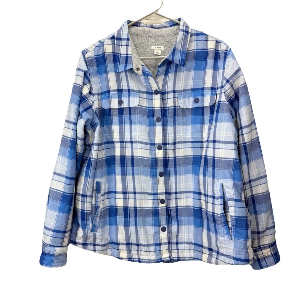 LL Bean Blue Plaid Fleece Lined Flannel Snap Shirt‎ Jacket Shacket LARGE PETITE